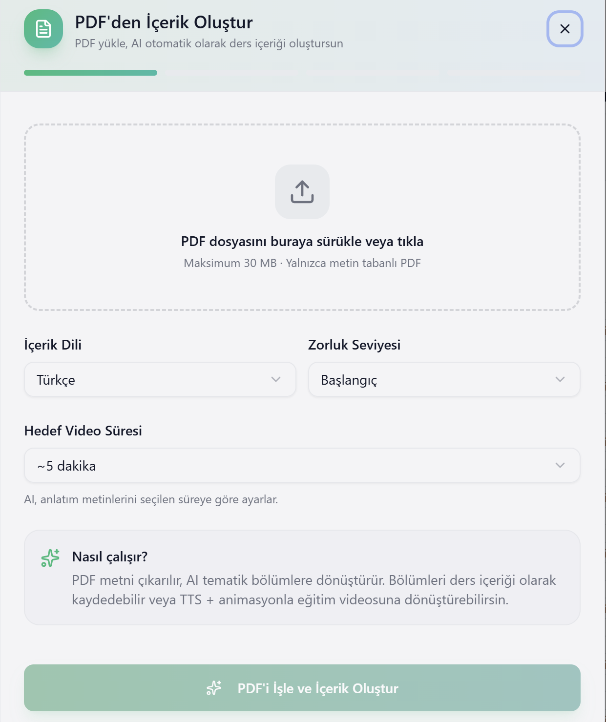 Karne — PDF'den İçerik Oluştur ekranı